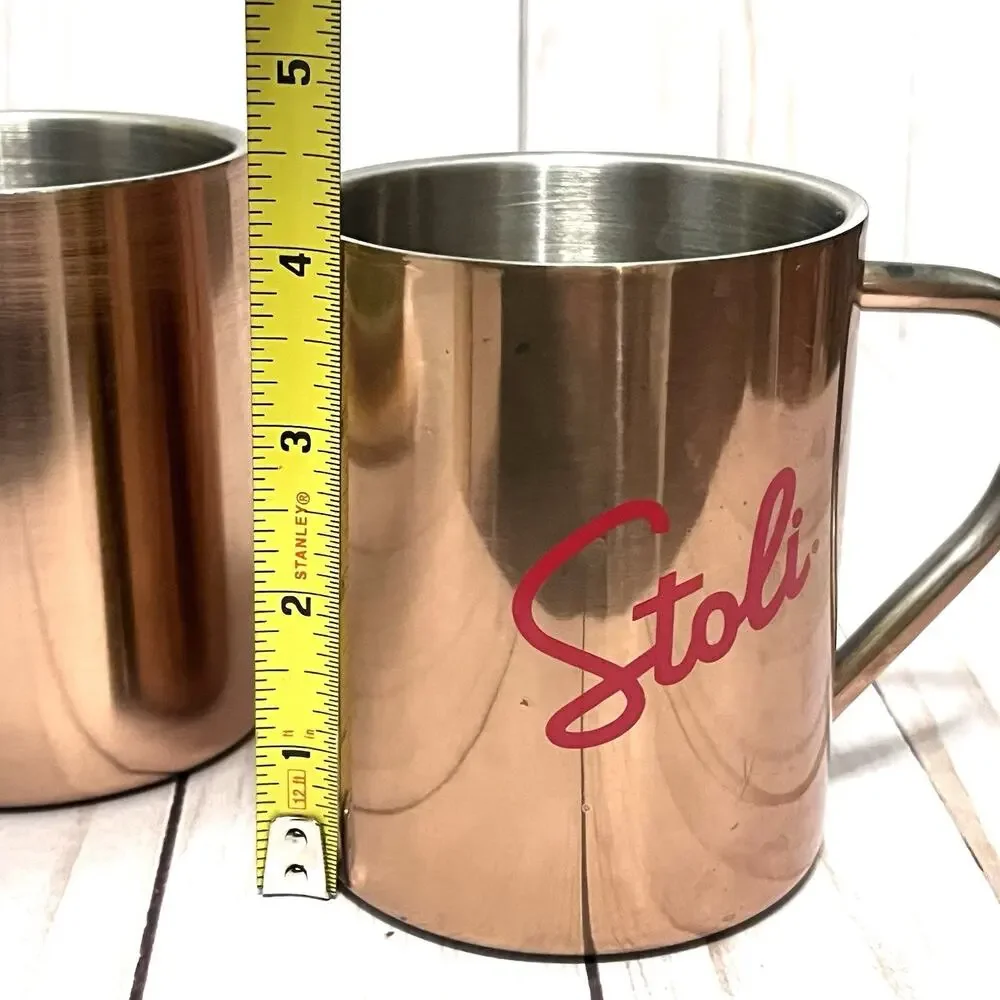 STOLI VODKA Moscow Mule Mugs COPPER OVER STAINLESS STEEL - 4” Tall - Set Of 2